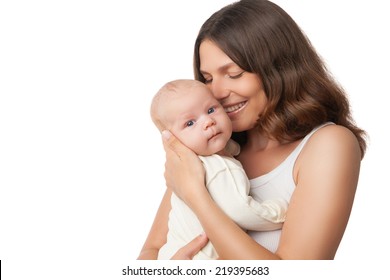 happy mother holding and hugging her baby isolated over white background