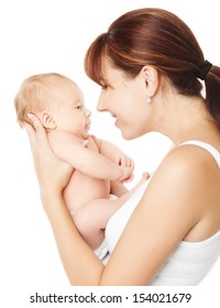 Happy Mother Holding Newborn Baby On Hands Over White Background