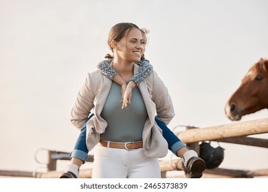 Happy mother, piggyback and farm with horse for fun bonding, holiday or weekend together at countryside. Mom carying daughter, child or kid with smile in nature for outdoor walk by animals at stables - Powered by Shutterstock