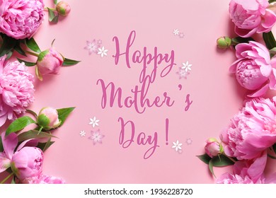 Happy Mother's Day. Beautiful Peony Flowers On Pink Background, Flat Lay