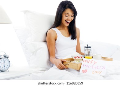 Happy Mothers Day Breakfast In Bed Mum With Card And Tray Of Delicious Food