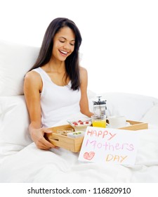 Happy Mothers Day Breakfast In Bed Mum With Card And Tray Of Delicious Food