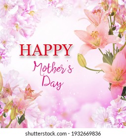 Happy Mother's Day Card With Pink Background And Beautiful Cherry Flowers For Your Design And Home Decor