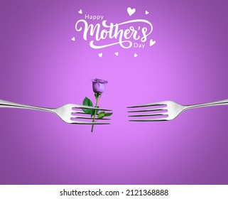 Happy Mothers Day Happy Rose Day- Valentine Day Concept. Fork Giving Rose Concept. Restaurant Happy Mothers Day, Creative Concept