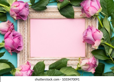 Happy Mother's Day, Women's Day, Valentine's Day Or Birthday Flat Lay Background. Beautiful Wooden Vintage Picture Frame, Fresh Pink Roses And Copy Space.