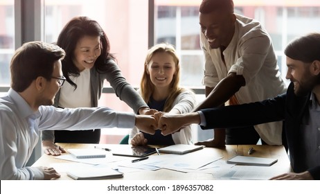 Happy motivated young and older generation multiracial business people joining fists, showing support and team spirit together, celebrating corporate achievement or success at meeting in office. - Shutterstock ID 1896357082