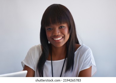 Happy, Motivation And Smile Of A Black Intern And Business Woman Working In A Creative Office. Portrait Of A Shy, Smiling And Ambitious Entrepreneur Enjoying Her Internship At A Startup Company