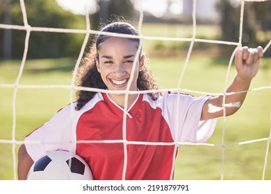 Happy, Motivation And Woman Soccer Player With A Football Ready For A Workout, Match Or Exercise. Portrait Of A Teen Student Girl In A Sport Uniform Before Fitness And School Sports Training Field