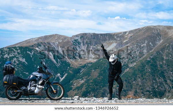 Happy Motorcyclist Man Dancing Adventure Motorbike Stock Photo Edit Now 1346926652