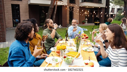 Happy Multi Ethnic Family Sitting At Table With Meal Outdoor At Picnic And Toasting With Juice And Wine. Joyful Young And Old People Having Dinner And Toast At Party Barbrque. Celebration On Weekend.