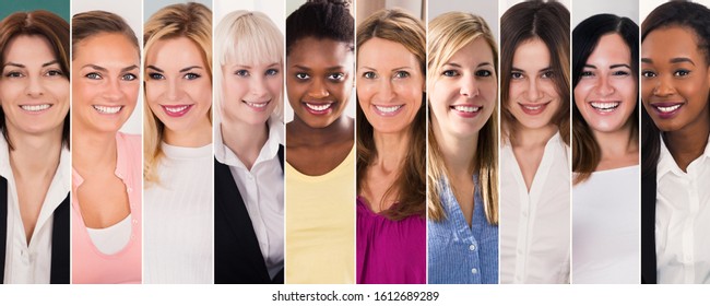 Happy Multi Ethnic Women Collage. Diverse Group Of Women Portraits