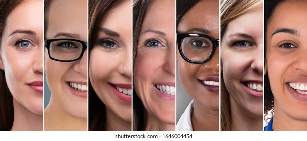 Happy Multi Ethnic Women Collage. Diverse Group Of Women Portraits