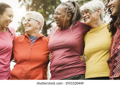 Happy Multi Generational Women Having Fun Together After Sport Workout Outdoor - Focus On Center Woman Face