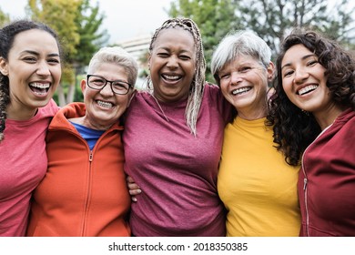 Happy Multi Generational Women Having Fun Together After Sport Workout Outdoor - Focus On African Senior Woman Face