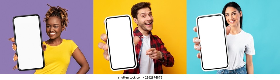 Happy multicultural young man and women holding modern smartphones with white empty screens and smiling, enjoying newest mobile apps, studio backgrounds, set of photos, collage, mockup, panorama - Shutterstock ID 2162994873