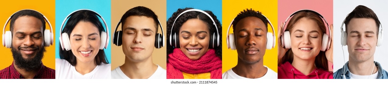 Happy multiethnic millennial people men and women enjoying music, using wireless headphones, closing eyes, posing on colorful studio backgrounds, creative image, panorama, collection of photos - Shutterstock ID 2111874545