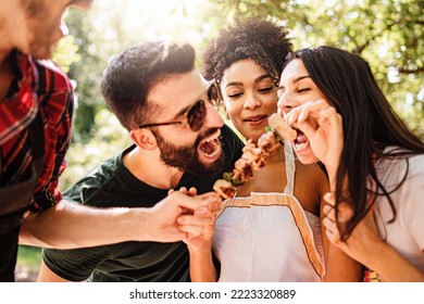 Happy multiethnic millennials playing together eating skewers and eating together skewers in the countryside at picnic - focus on African American woman - people, food and drink lifestyle concept - Shutterstock ID 2223320889