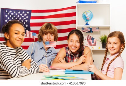 Happy Multiethnic Students At The Geography Lesson