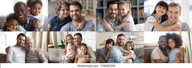 Happy Multiethnic Young Adult And Old Daddies Hugging Children Looking At Camera. Smiling African And Caucasian Dads Posing With Kids For Family Faces Headshots Portraits. Fathers Day Concept. Collage