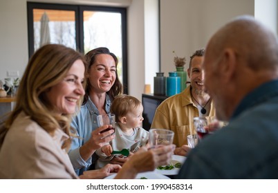 Happy Multigeneration Family Indoors At Home Eating Healthy Lunch, Having Good Time.