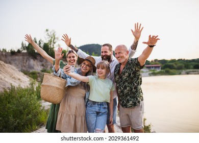 Happy Multigeneration Family On Hiking Trip On Summer Holiday, Taking Selfie.