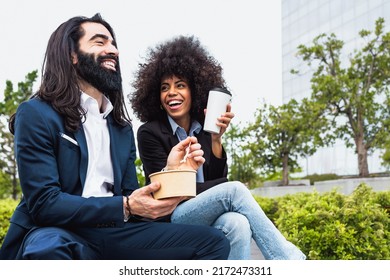 Happy Multiracial Business People Having A Lunch Break Outside Office