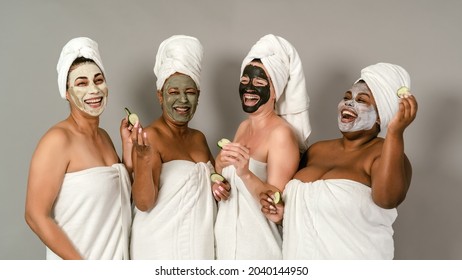 Happy Multiracial Females With Different Age And Body Size Having Skin Care Spa Day - People Selfcare Concept