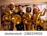 Happy multiracial friends with 2024 golden balloons having fun on New Year