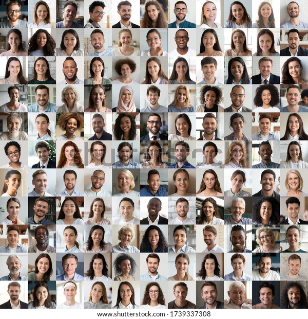 Lot of happy multiracial people looking at\
camera in square collage mosaic. Many smiling multiethnic faces of\
young and old diverse ethnic business people group headshots. Hr,\
staff, society concept.