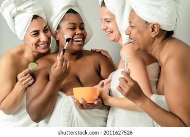 Happy Multiracial Women With Different Age And Body Size Having Skin Care Spa Day - People Selfcare Concept