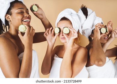 Happy Multiracial Women Having Skin Care Spa Day People Self Care Concept