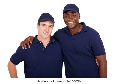 Happy Multiracial Workers On White Background