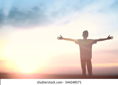 Happy Muslim Man Reborn Worship God On Morning. Self Praise Bible For Victory Yourself Love Sunset, Educate Concept For Success Peace, Freedom Financial, Energy Vision, Positive Thinking