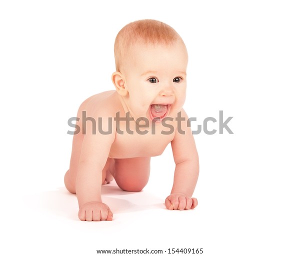 Happy Naked Newborn Baby On White Background Stock Photo 