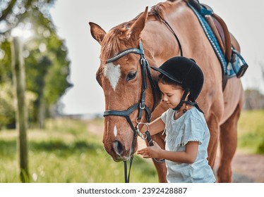 Happy, nature and child with a horse in a forest training for a race, competition or event. Adventure, animal and young girl kid with stallion pet outdoor in the woods for equestrian practice. - Powered by Shutterstock