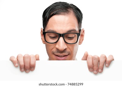 Happy Nerd Holding White Placard For Your Text And Looking Down At It Isolated On White Background