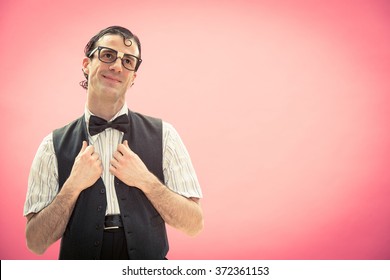 Happy Nerd Man With Glasses Think Portrait On Pink