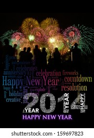 Happy New Year 2014 info-text clouds arrangement concept with fireworks and colorful as background 