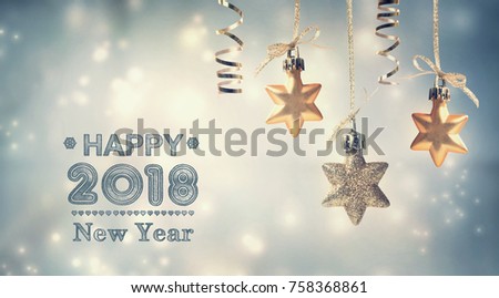 Happy New Year 2018 message with hanging star ornaments