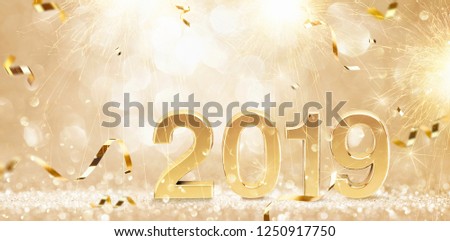 Happy New Year 2019. Golden Background with Sparklers and Confetti Stock photo © 