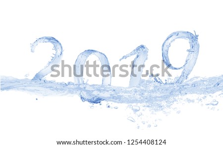 Happy New Year 2019 water splash    isolated on white background, water