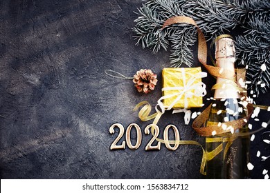 Happy New Year 2020 Background With Champagne In Dark Color With Bokeh