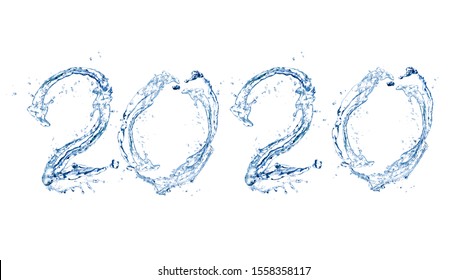 Happy New Year 2020 By Pure Splash Of Water Isolated On White Background