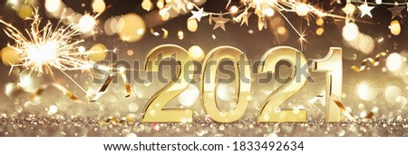 Happy New Year 2021. Golden Background with Sparklers and Confetti Stock photo © 