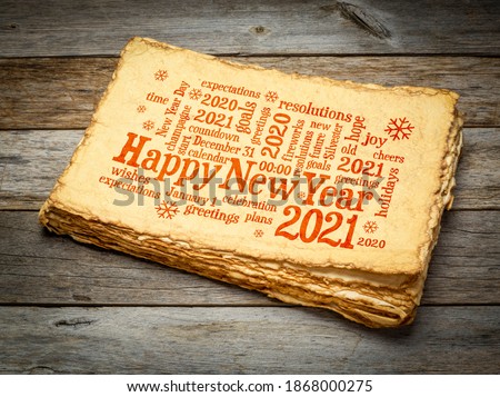 Happy New Year 2021 greetings card  - word cloud on a retro handmade paper