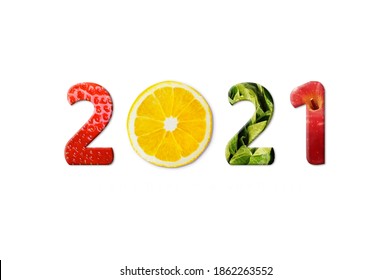 Happy New Year 2021 for healthcare. Fruit and vegetables which make 2021 number.    - Shutterstock ID 1862263552