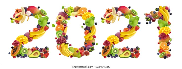 Happy New Year 2021. Number 2021 Made Of Tropical, Exotic Fruits And Berries. Creative Typography Inscription. Banner Design Of Healthy Food Ingredients