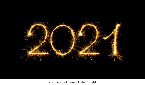 Happy New Year 2021. Sparkling burning numbers Year 2021 isolated on black background. Beautiful Glowing golden overlay object for design holiday greeting card, billboard and Web banner