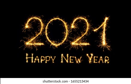 Happy New Year 2021. Sparkling burning text Happy New Year 2021 isolated on black background. Beautiful Glowing golden overlay object for design holiday greeting card, billboard and Web banner