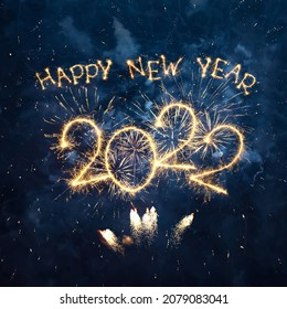 Happy New Year 2022. Beautiful Square creative holiday web banner or greeting card with sparkling text Happy New Year 2022 on night blue sky background - Shutterstock ID 2079083041